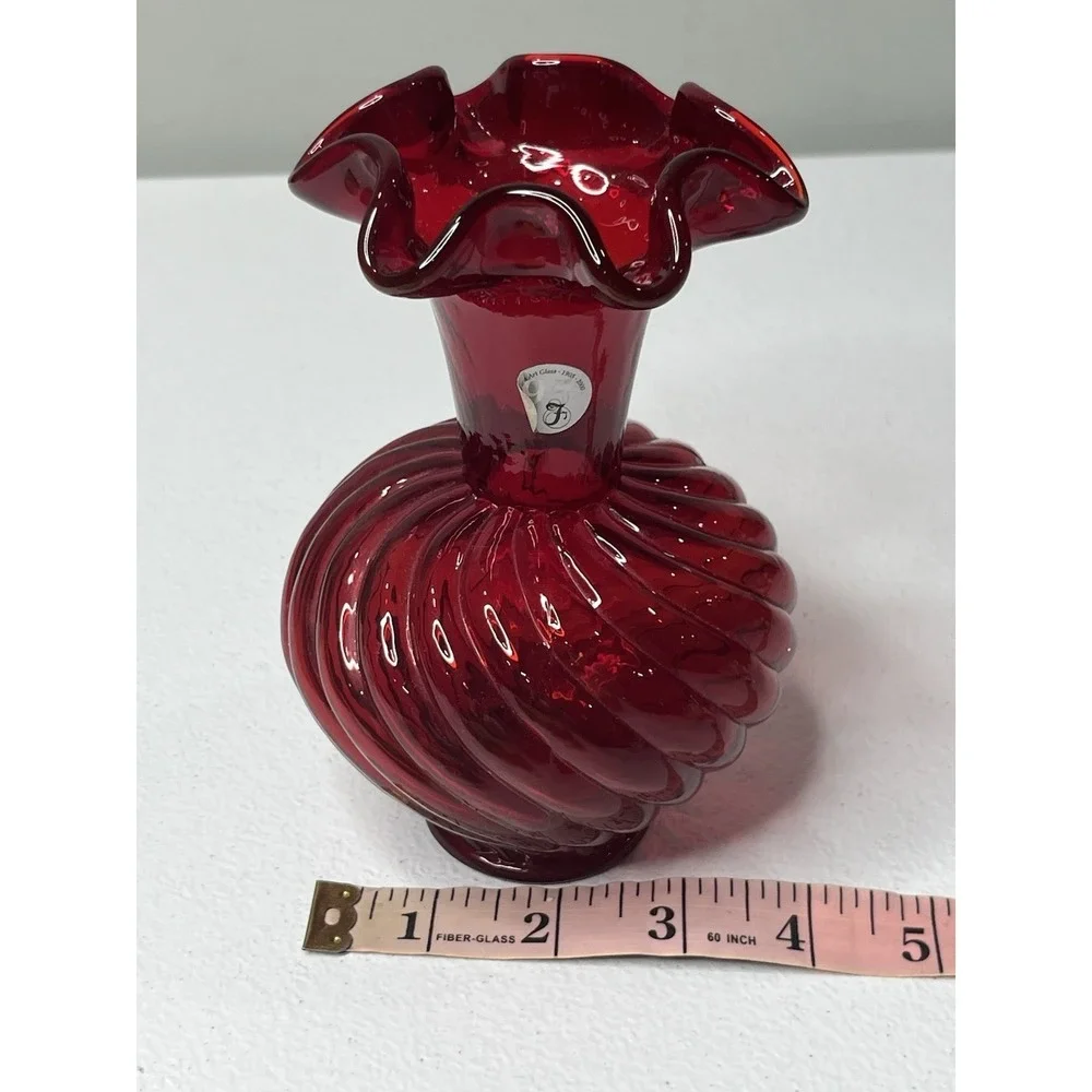 Fenton 95th Anniversary Ruby Red Vase‎ Swirl Vtg